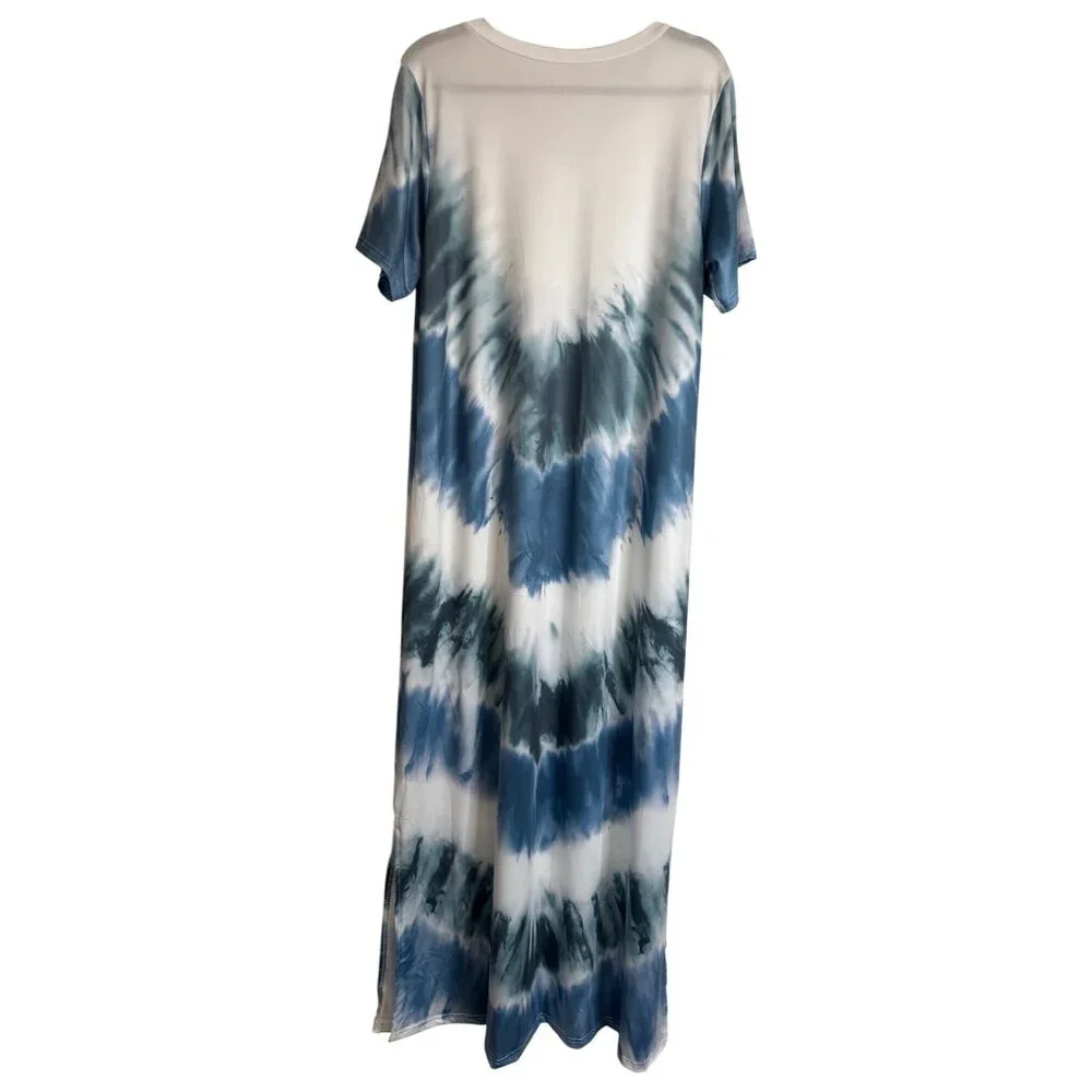Boho M Tie-Dye Blue Beach Swim Coverup Maxi Dress V-Neck Short Sleeve Blue/White
